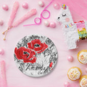 スケッチされたペンの手書き赤いケシの花のフローラ ペーパープレート (パーティー)