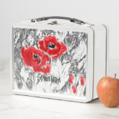 スケッチされたペンの手書き赤いケシの花のフローラ メタルランチボックス (インサイチュ)