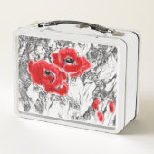 スケッチされたペンの手書き赤いケシの花のフローラ メタルランチボックス (裏面)