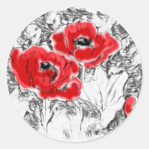 スケッチされたペンの手書き赤いケシの花のフローラ ラウンドシール