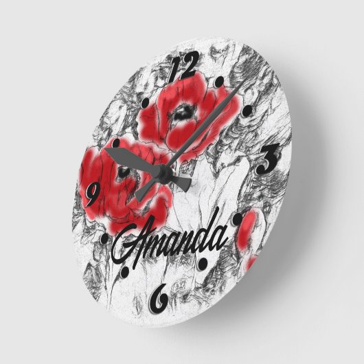 スケッチされたペンの手書き赤いケシの花のフローラ ラウンド壁時計 (傾斜)