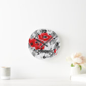 スケッチされたペンの手書き赤いケシの花のフローラ ラウンド壁時計 (ホーム)