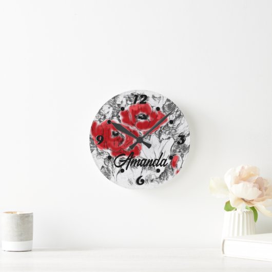 スケッチされたペンの手書き赤いケシの花のフローラ ラウンド壁時計 (ホーム)