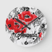 スケッチされたペンの手書き赤いケシの花のフローラ ラウンド壁時計 (正面)