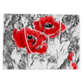 スケッチされたペンの手書き赤いケシの花のフローラ ラージペーパーバッグ (裏面)