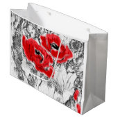 スケッチされたペンの手書き赤いケシの花のフローラ ラージペーパーバッグ (正面アングル)