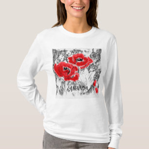 スケッチされたペンの手書き赤いケシの花のフローラ Tシャツ
