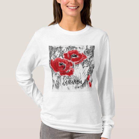 スケッチされたペンの手書き赤いケシの花のフローラ Tシャツ (正面)