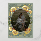 スケッチされたユニーク花の写真データを保存する 箔招待状 (正面)