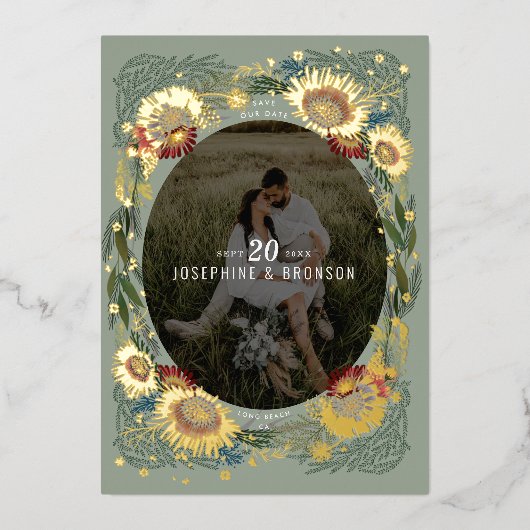 スケッチされたユニーク花の写真データを保存する 箔招待状 (正面)