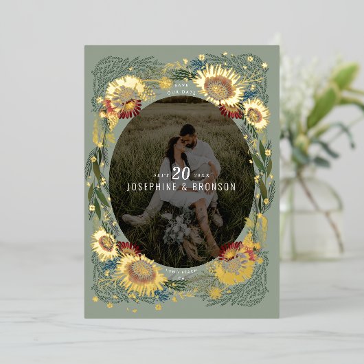 スケッチされたユニーク花の写真データを保存する 箔招待状 (立ち正面)