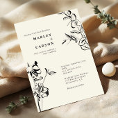 スケッチされた手書きフローラミニマルアイボリー結婚 招待状