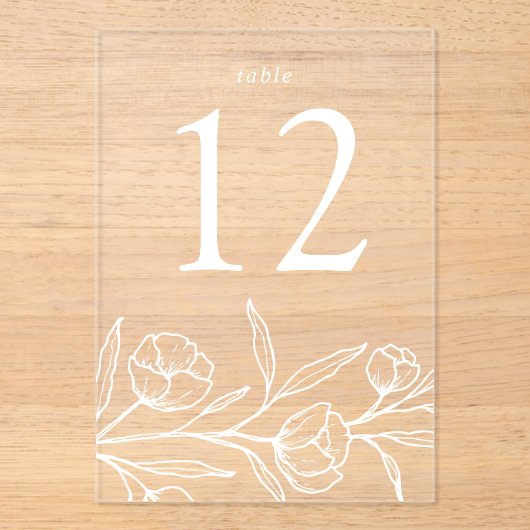 スケッチされた白フローラ結婚アクリルのテーブル番号 アクリル招待状 (正面)