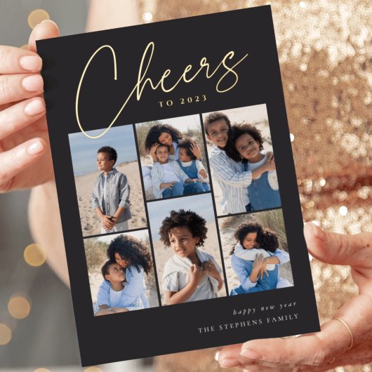 スケッチされた筆記体6フォトコラージュ新年 箔シーズンカード