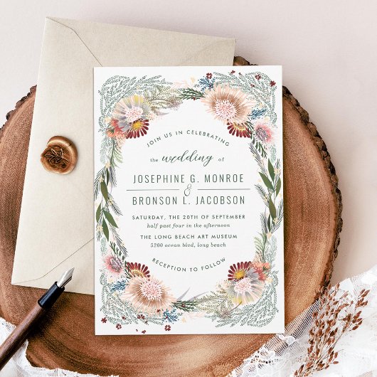 スケッチされた花ユニーク白結婚式招待状