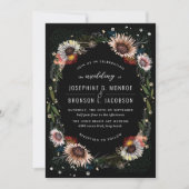 スケッチされた花ユニーク黒結婚式招待状 (正面)