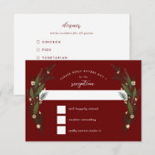 スケッチされた花 緑の葉 濃い赤 マロン色の結婚式 出欠カード (正面/裏面)