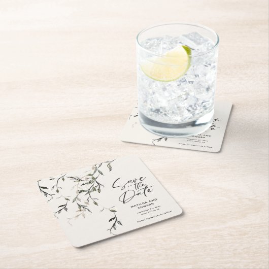 スケッチされた葉モダンの結婚植物 スクエアペーパーコースター (インサイチュ)