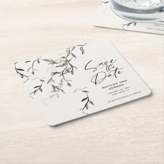 スケッチされた葉モダンの結婚植物 スクエアペーパーコースター (アングル)