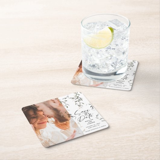 スケッチされた葉モダンの結婚植物 スクエアペーパーコースター (インサイチュ)