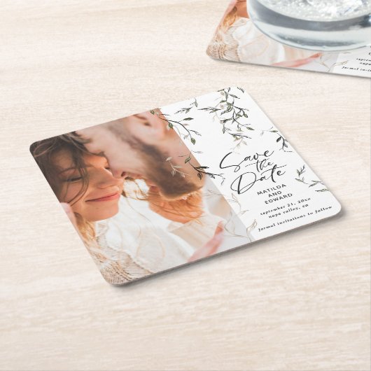 スケッチされた葉モダンの結婚植物 スクエアペーパーコースター (アングル)