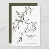 スケッチされた葉モダンの結婚植物 セーブザデート (正面/裏面)