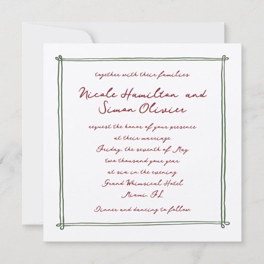 スケッチしたフレームお洒落の緑の手結婚描き 招待状 (正面)