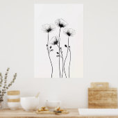スケッチのミニマルな花の白と黒。 ポスター (キッチン)