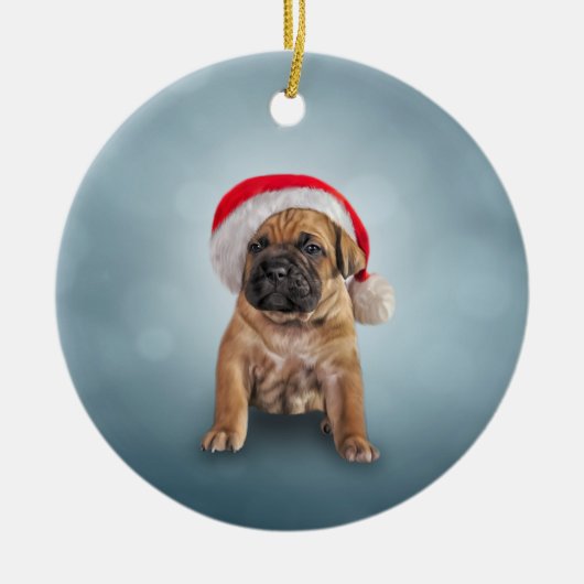 スケッチの子犬、サンタクロースの赤い帽子をかぶったサトウキビのコルソ セラミックオーナメント (正面)
