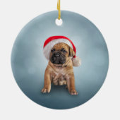 スケッチの子犬、サンタクロースの赤い帽子をかぶったサトウキビのコルソ セラミックオーナメント (裏面)