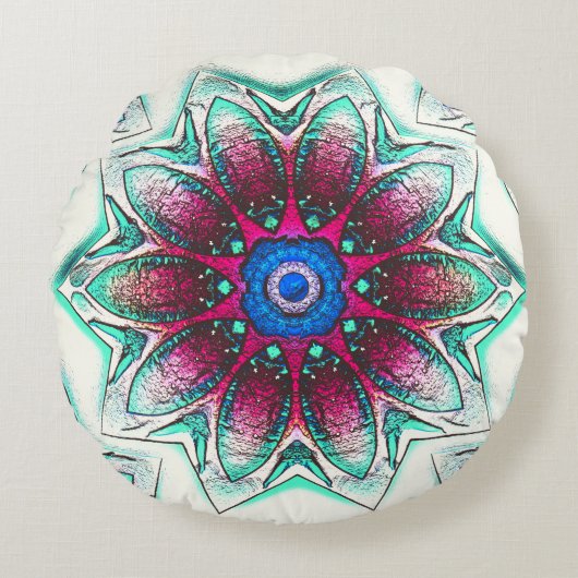 スケッチの花のテクスチャー金属シアンから赤インク ラウンドクッション (正面)