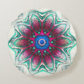 スケッチの花のテクスチャー金属シアンから赤インク ラウンドクッション (裏面)