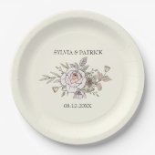 スケッチの花アイボリーロマン結婚ティック ペーパープレート (正面)
