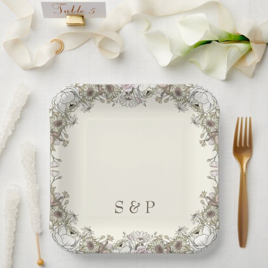スケッチの花アイボリーロマン結婚ティック ペーパープレート (ウェディング)