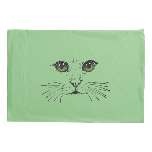 スケッチの黒猫の顔明るい緑の目 枕カバー (裏面-左)