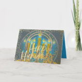 スケッチの(ユダヤ教)メノラーグレーイエローブルーハッピーハヌカー シーズンカード (正面)