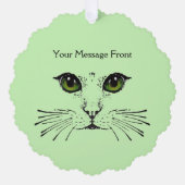 スケッチインブラックキャット顔ロングウィスカーグリーンアイズ オーナメントカード (正面)