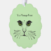 スケッチインブラックキャット顔ロングウィスカーグリーンアイズ オーナメントカード (左)