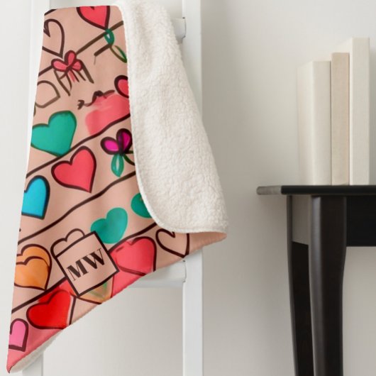スケッチカラフル状のハートとリボンのモノグラム シェルパブランケット