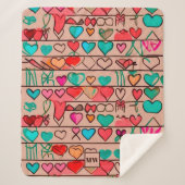 スケッチカラフル状のハートとリボンのモノグラム シェルパブランケット (正面)