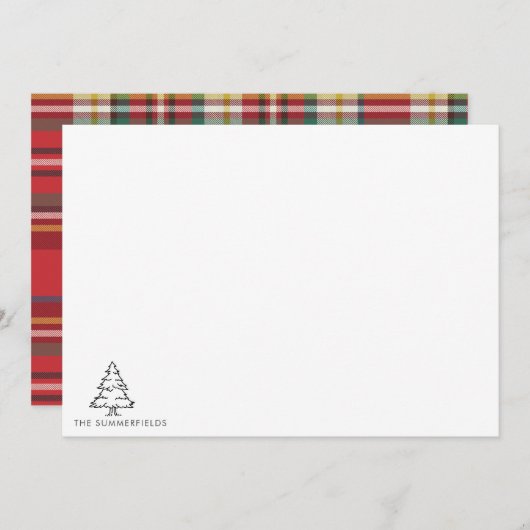 スケッチクリスマスツリーモノグラムホリデーファミリー ノートカード (正面/裏面)
