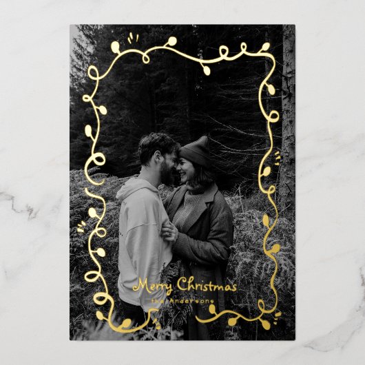 スケッチクリスマスライトカワイフォトホリデーカード 箔シーズンカード (正面)
