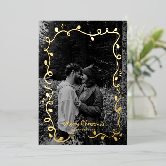 スケッチクリスマスライトカワイフォトホリデーカード 箔シーズンカード (立ち正面)