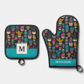 スケッチスタイルパターンの手書きサボテン 鍋つかみ&鍋敷きセット (正面)