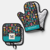 スケッチスタイルパターンの手書きサボテン 鍋つかみ&鍋敷きセット (正面/裏面)