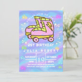 スケッチチョークローラスケートで滑る雪誕生日ピンク 招待状 (スタンド正面)