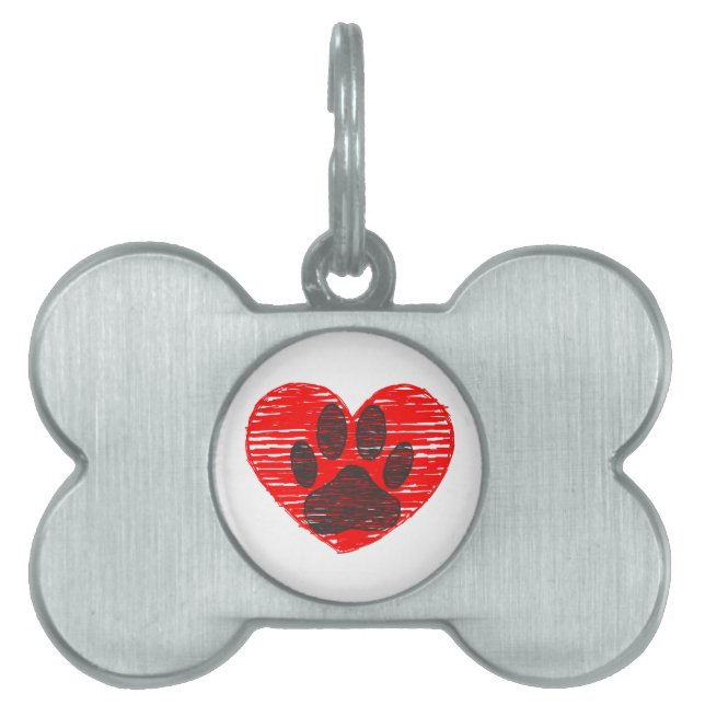 スケッチドッグポーイン赤いハート ペットネームタグ (正面)