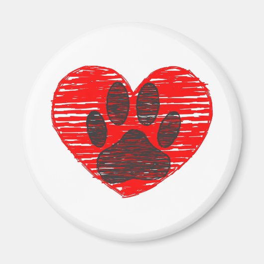 スケッチドッグポーイン赤いハート マグネット (正面)