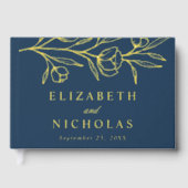 スケッチネイビーとゴールドフォイルのフローラ写真結婚 ゲストブック (正面)