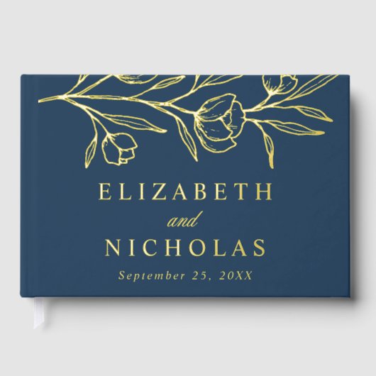 スケッチネイビーとゴールドフォイルのフローラ写真結婚 ゲストブック (正面)